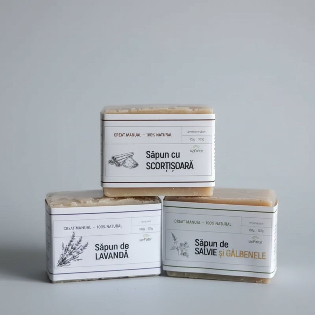 Pachet de 3 săpunuri naturale de la Mănăstire Paltin Petru Vodă: lavandă, salvie cu gălbenele și scorțișoară, 100% natural, fără chimicale.