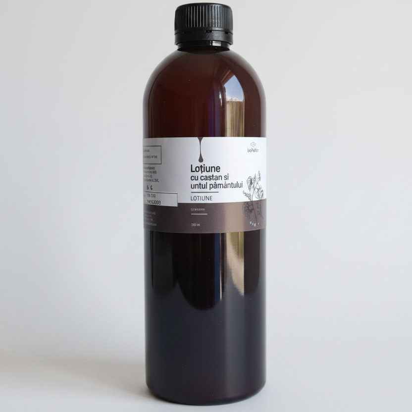 Loțiune maro cu capac negru, etichetă albă-cenușie, produs natural Daruri Mănăstirești: Loțiune cu castan și untul pământului 500 ml, brand bioPatin