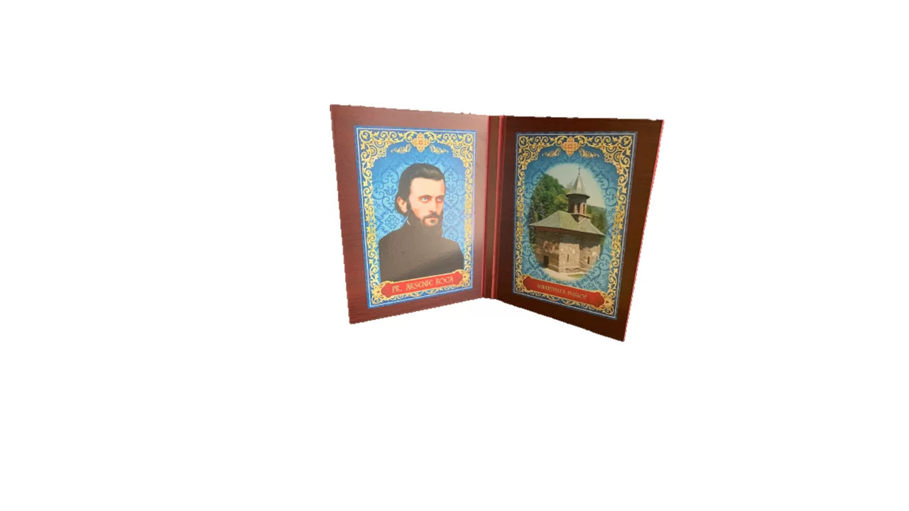 Diptic lemn Pr. Arsenie 10x14cm, portret Pr. Arsenie Boca pe lemn decorativ, rame ornate albastre, icoană religioasă de lemn