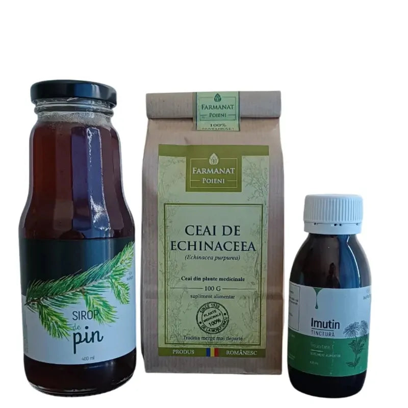 Sirop de muguri de pin, Ceai de echinaceea și tinctură Imutin de la Farmanat Poieni, ambalate împreună într-un pachet natural cu plante medicinale.
