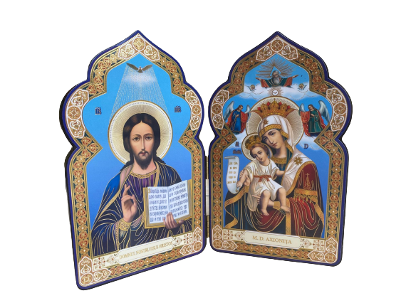 Diptic lemn-Maica Domnului Axionita și Domnul Iisus Hristos Învățătorul